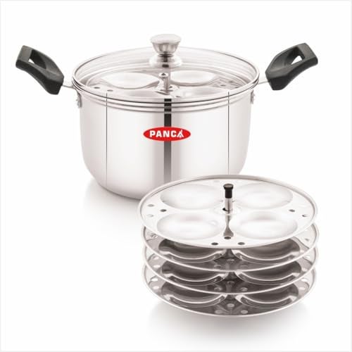PANCA Stainless Steel Idli Cooker with Glass Lid | 4 Plate Idli Maker Steamer for Soft & Fluffy Idlis | Heavy Duty Steel Idly Pot | Induction & Gas Compatible Multi-Kadai - Image 1