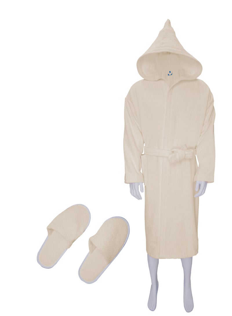 Banotex Soft cotton unisex bathrobe with a pocket and a waist belt with a distinctive slipper in an elegant design in beige color, multiple sizes - Image 1