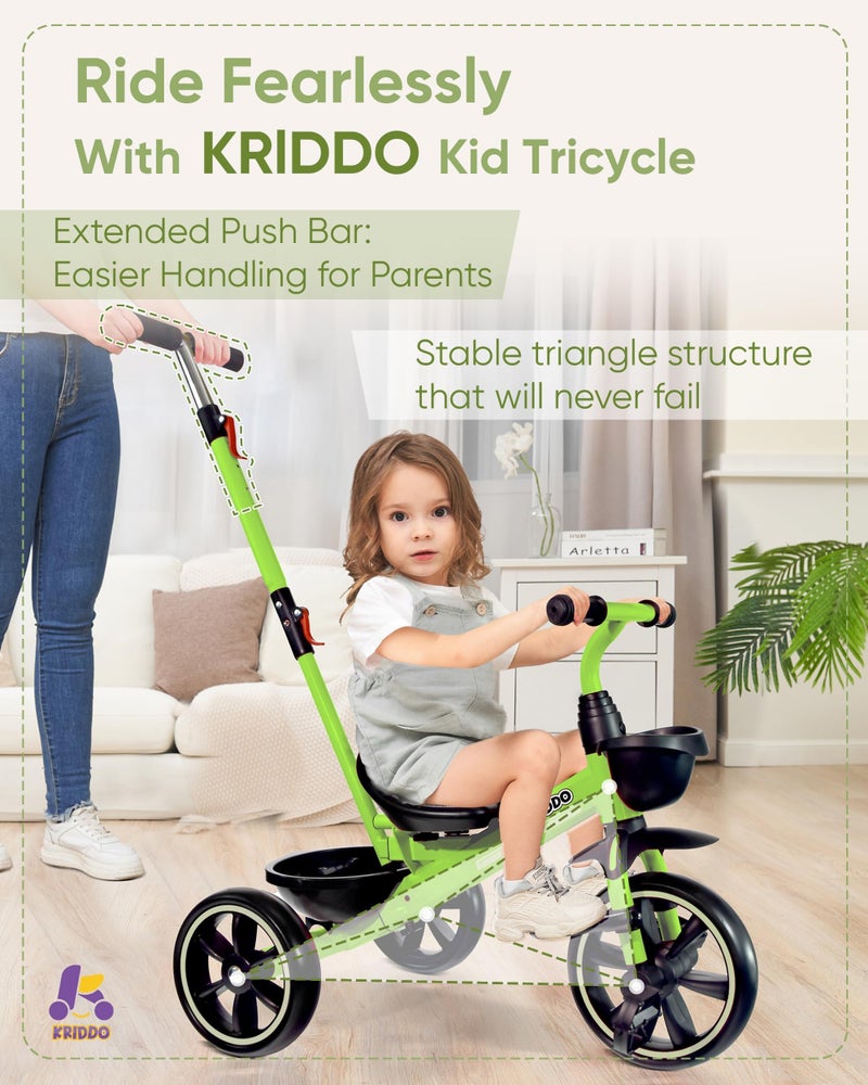 KRIDDO 2-in-1 Toddler Tricycle for Ages 18 Months to 5 Years Old - Extended Push Handle for Effortless Push, Gift Trike for Toddler 3 to 5 Year, Kids Tricycle with Foldable Front Footrest, Green - Image 4