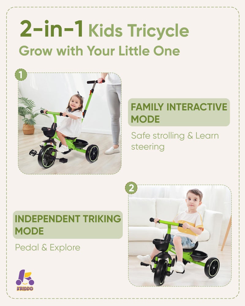 KRIDDO 2-in-1 Toddler Tricycle for Ages 18 Months to 5 Years Old - Extended Push Handle for Effortless Push, Gift Trike for Toddler 3 to 5 Year, Kids Tricycle with Foldable Front Footrest, Green - Image 2