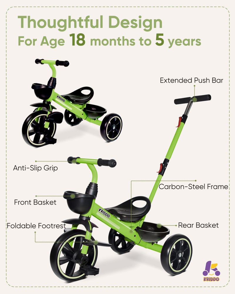 KRIDDO 2-in-1 Toddler Tricycle for Ages 18 Months to 5 Years Old - Extended Push Handle for Effortless Push, Gift Trike for Toddler 3 to 5 Year, Kids Tricycle with Foldable Front Footrest, Green - Image 5