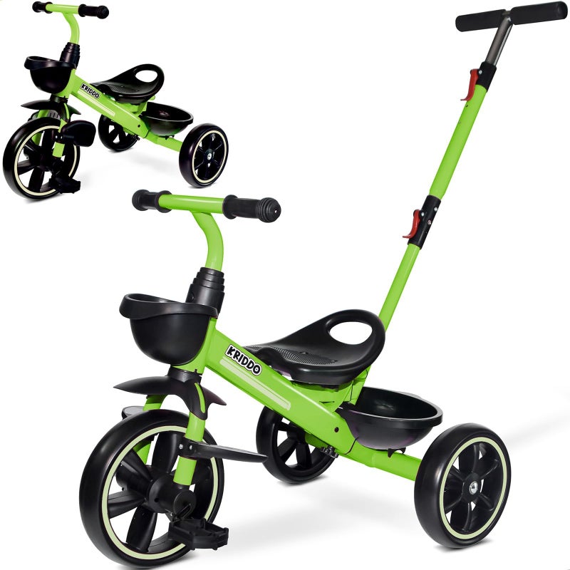 KRIDDO 2-in-1 Toddler Tricycle for Ages 18 Months to 5 Years Old - Extended Push Handle for Effortless Push, Gift Trike for Toddler 3 to 5 Year, Kids Tricycle with Foldable Front Footrest, Green - Image 1