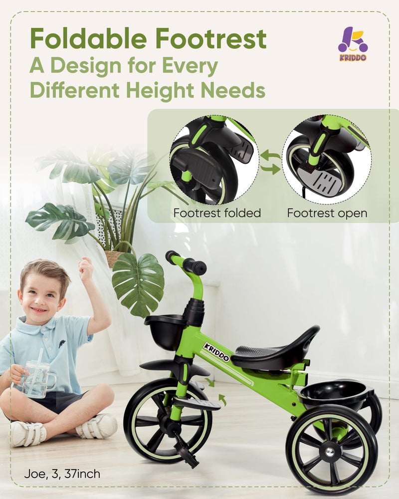 KRIDDO 2-in-1 Toddler Tricycle for Ages 18 Months to 5 Years Old - Extended Push Handle for Effortless Push, Gift Trike for Toddler 3 to 5 Year, Kids Tricycle with Foldable Front Footrest, Green - Image 3