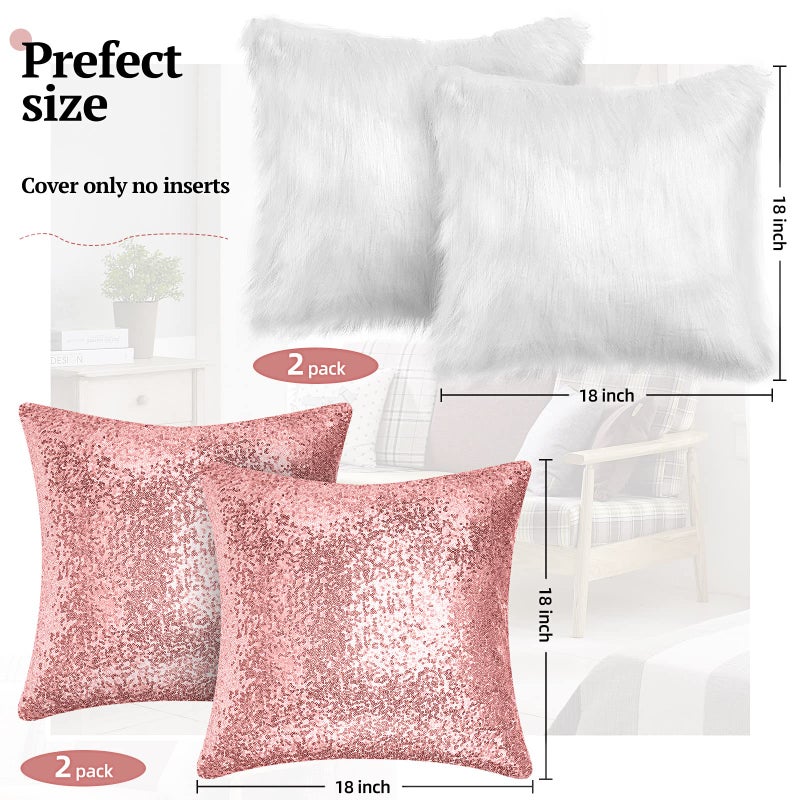 ايرينير Irenare 4 pcs requin و Fluffy Pillow Covering Winter Faux Fur Fur Cover Cover Glitter Bling Paling Case Coushion Soft Fuzzy Coushion لأريكة أريكة أريكة عيد الميلاد (18 × 18 بوصة فضية وردية) - Image 2