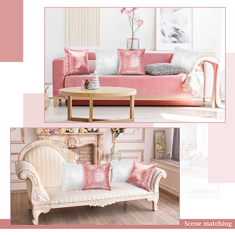 ايرينير Irenare 4 pcs requin و Fluffy Pillow Covering Winter Faux Fur Fur Cover Cover Glitter Bling Paling Case Coushion Soft Fuzzy Coushion لأريكة أريكة أريكة عيد الميلاد (18 × 18 بوصة فضية وردية) - Image 4