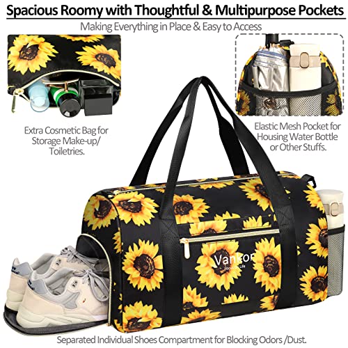 Vankor Gym Bag for Women with Shoe Compartment Waterproof, Sports Duffle Bag for Travel Duffel Weekender Carry on Beach Yoga Overnight Luggage Mommy Maternity Hospital Bag Sunflower 17.5 Inch - Image 3