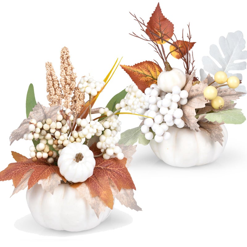Lvydec 2 Pack Artificial Pumpkins with White Maple Leaves and Berries Fall Pumpkin Decoration for Table CenterpieceThanksgiving and Home Decor