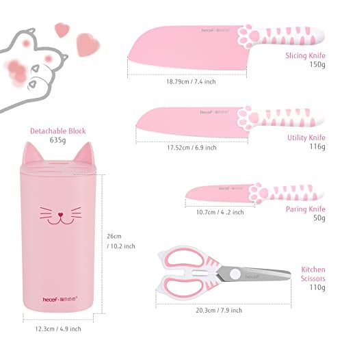 hecef Cute Kitchen Knife Set, Dishwasher Safe, 5-piece Non-Stcik Knives Set with Detachable Block and Scissors,Sharp for Chopping, Slicing, Dicing and Cutting (Pink) - Image 2