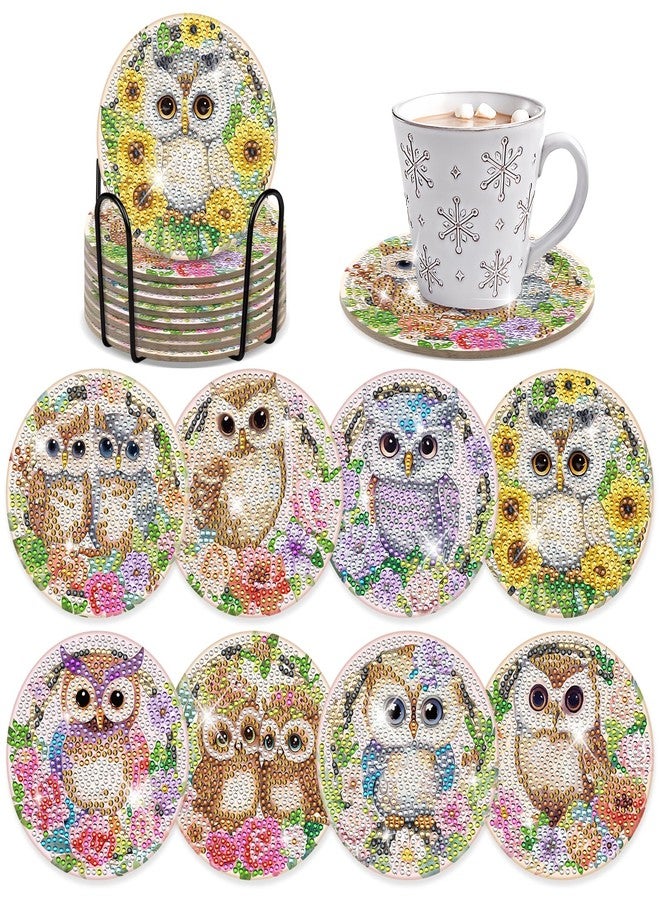 INCOK Diamond Painting Coasters Kit - 8 PCS Owl Diamond Art Kits for Adults Crafts Set for DIY Flower Coasters with Holder Table Home Decor Christmas Birthday Gift for Beginners Adult - Image 1