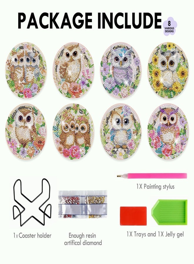 INCOK Diamond Painting Coasters Kit - 8 PCS Owl Diamond Art Kits for Adults Crafts Set for DIY Flower Coasters with Holder Table Home Decor Christmas Birthday Gift for Beginners Adult - Image 4