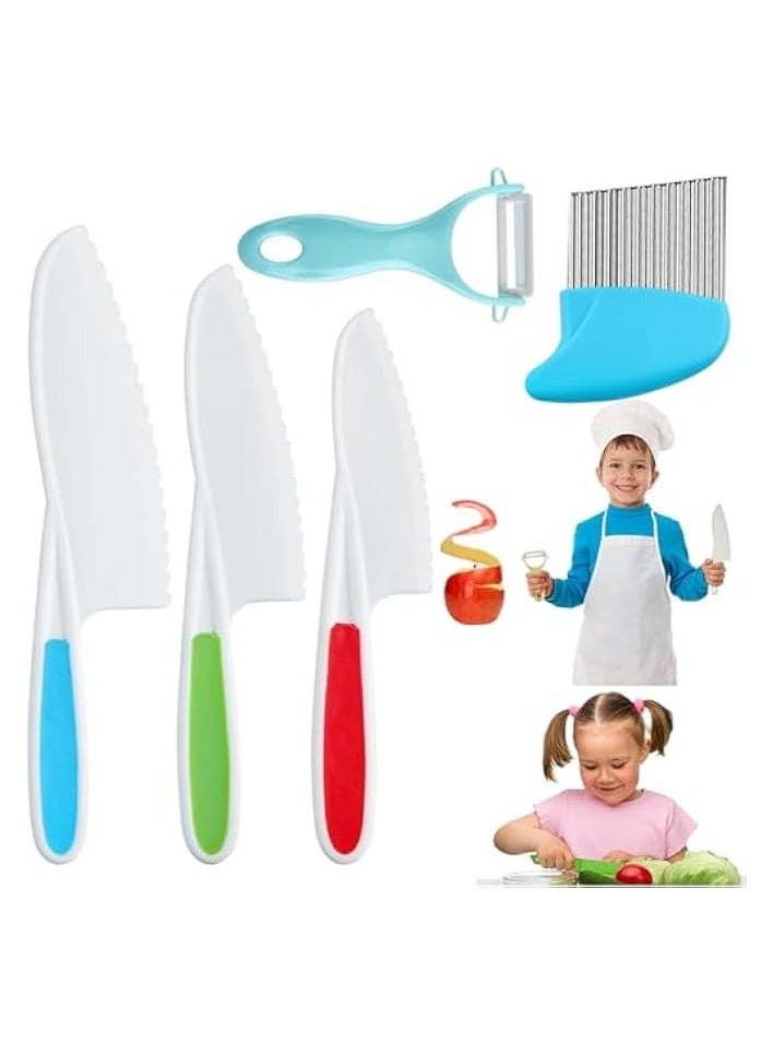erorex Knife Set, Kids Safe Plastic Kitchen Knife in 3 Sizes with Crinkle Cutter and Y Peeler, Kids Knife for Real Cooking Bread Chopping Vegetables  - Image 1