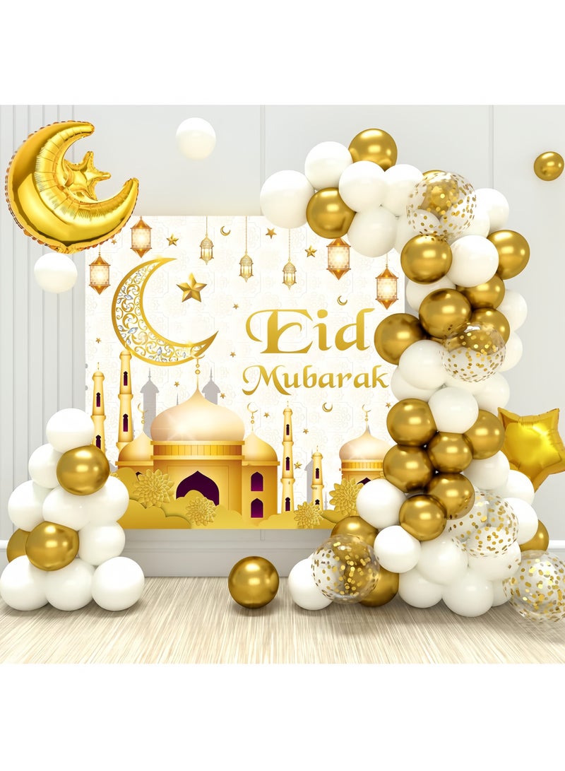 Eid Mubarak Decorations - 70PCS White Gold Ramadan Confetti Balloons with Mubarak Moon Star Foil Balloon, Backdrop for Eid Party Supplies, Eid Decorative Banner for Eid al-Fitr and al-Adha Decor - Image 1