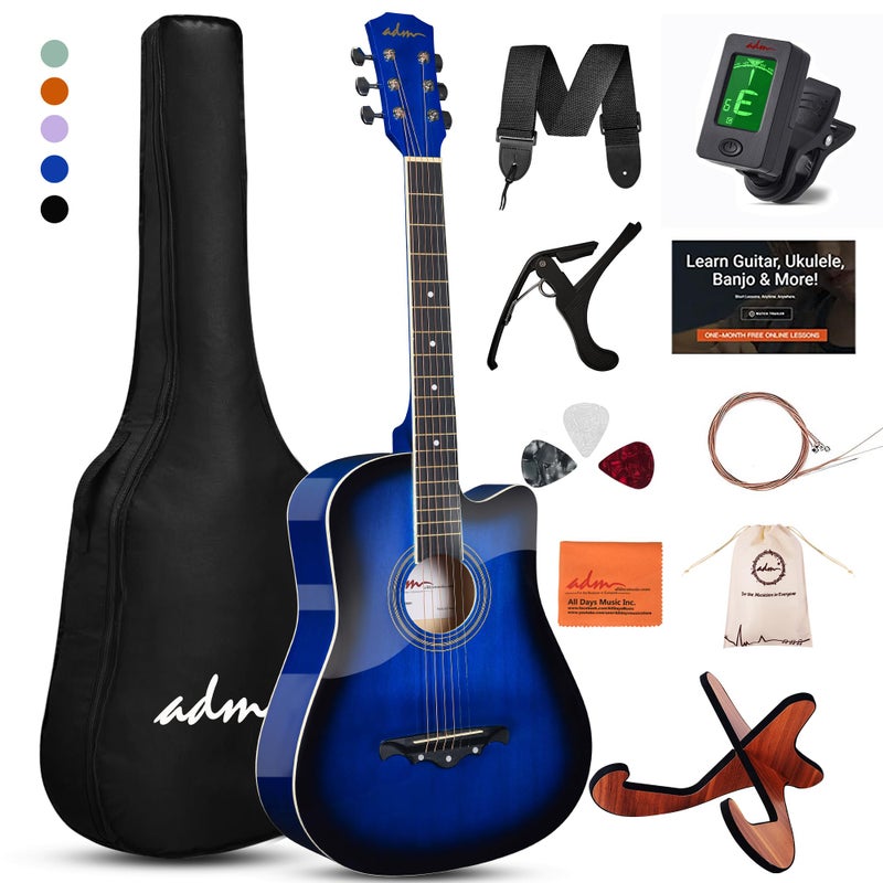 ADM 38" Inch Acoustic Guitar Bundle for Beginners Adults with Online Lesson, Cutaway Wood Acustica Guitarra Starter Set Package with Gig Bag, Strap, Steel Strings, Picks, Capos, Stand, Blueburst - Image 1