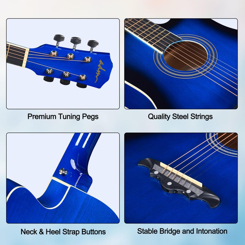 ADM 38" Inch Acoustic Guitar Bundle for Beginners Adults with Online Lesson, Cutaway Wood Acustica Guitarra Starter Set Package with Gig Bag, Strap, Steel Strings, Picks, Capos, Stand, Blueburst - Image 4