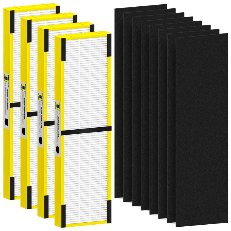 فلتر HEPA B بديل FLT4825 متوافق مع جهاز تنقية الهواء GGuardian AC4825 AC4300 AC4900 AC4825DLX AC4850 CDAP4500 AP2200 4 فلاتر HEPA حقيقية H13 8 فلاتر كربون نشط مسبقة الصنع صفراء