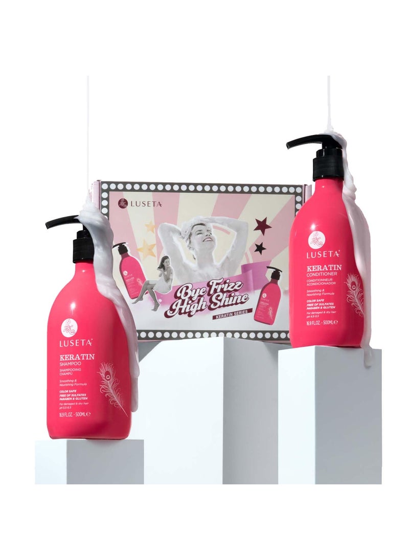 L LUSETA Keratin Shampoo and Conditioner Set Sulfate Free, Anti Frizz Smoothing Treatment for Dry & Damaged Hair, Nourishing and Moisturizing Hair Product for Men and Women 16.9 Fl Oz Each 