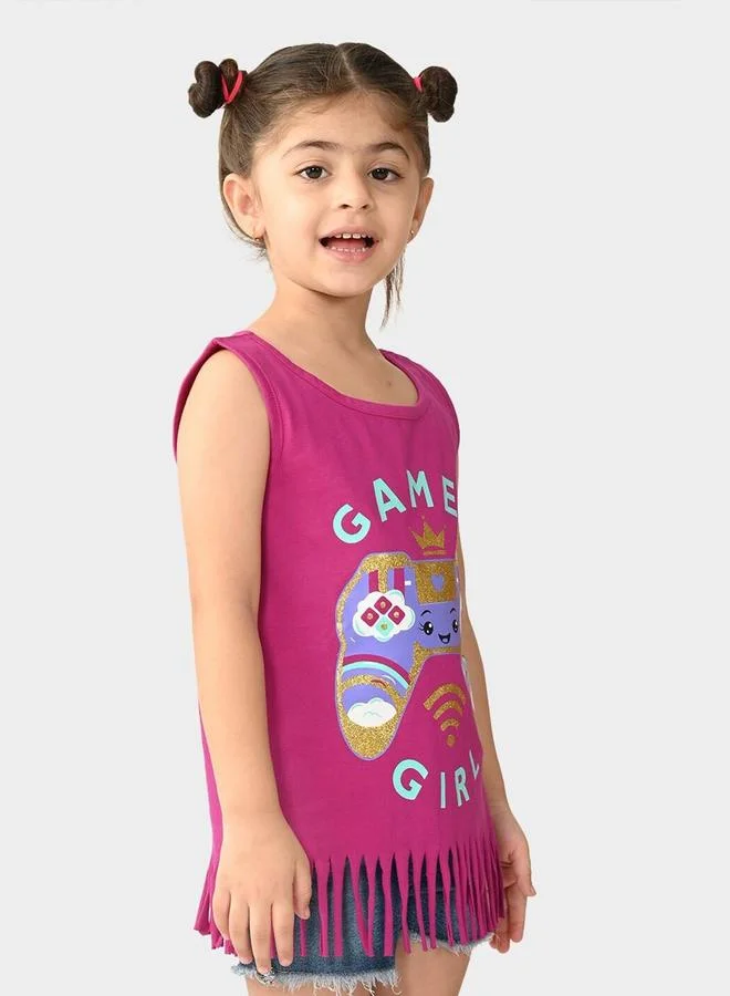 Bonkids Regular Fit Printed Hot And Pink Cotton T-Shirt For Girls Round Neck Flat Collar Pull On 100 % Cotton