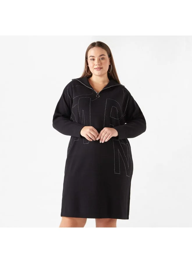 Ulla Popken Plus Size Ulla Popken Embellished Dress with Collar and Zip Detail