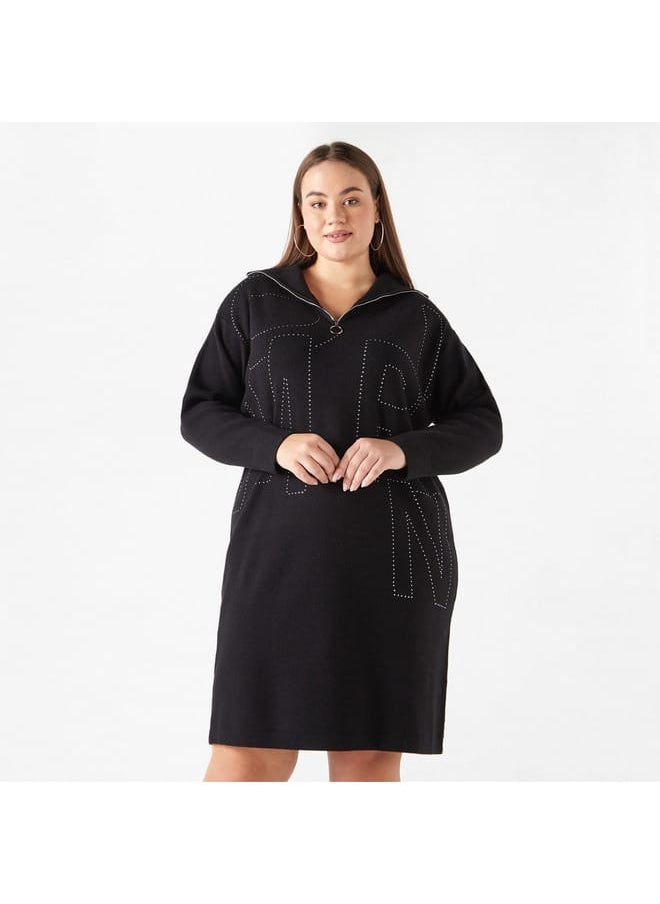 Ulla Popken Plus Size Ulla Popken Embellished Dress with Collar and Zip Detail  - Image 1