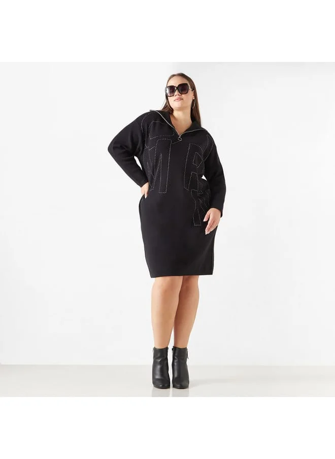 Ulla Popken Plus Size Ulla Popken Embellished Dress with Collar and Zip Detail