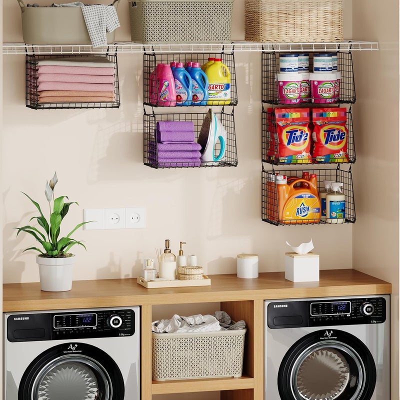Sonyabecca 3-Pack Hanging Laundry Baskets, Foldable Metal Wire Shelves with 360° Rotating Hooks, Space-Saving Over Washer/Dryer or Closet Storage for Laundry Room & Closet Organization, Black - Image 3
