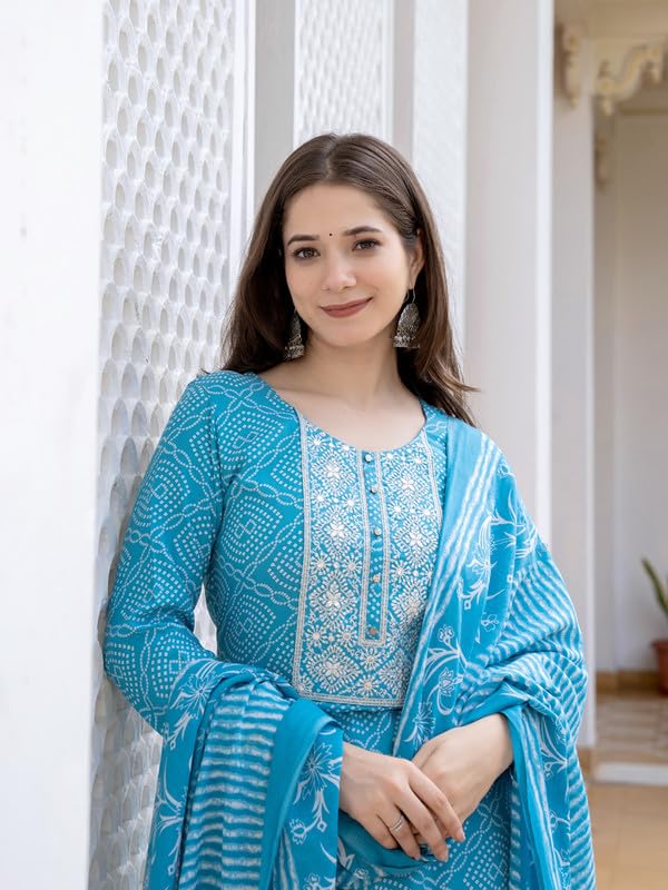 Vaamsi Women's Bandhani Straight Embroidered Kurta Pant With Dupatta (VKSKD2183_XS_Blue) - Image 2