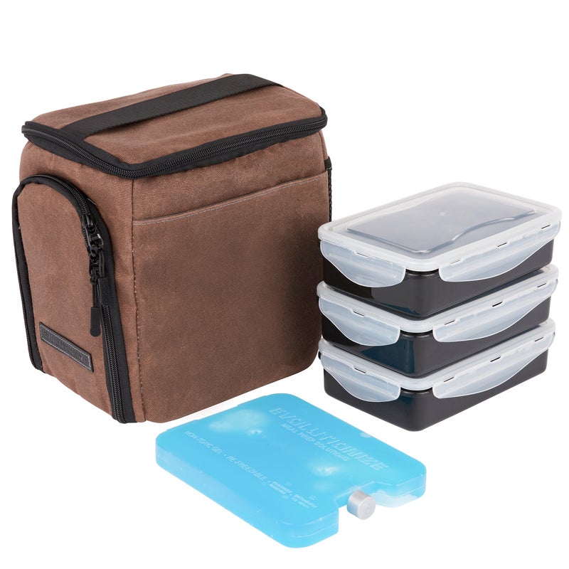 EDC Meal Prep Bag  Full Meal Prep Lunch Box Management System includes Portion Control Meal Prep Containers  Ice Pack 3 Meal Insulated Cooler Bag Black 3 meal Mini Brown Waxed Canvas