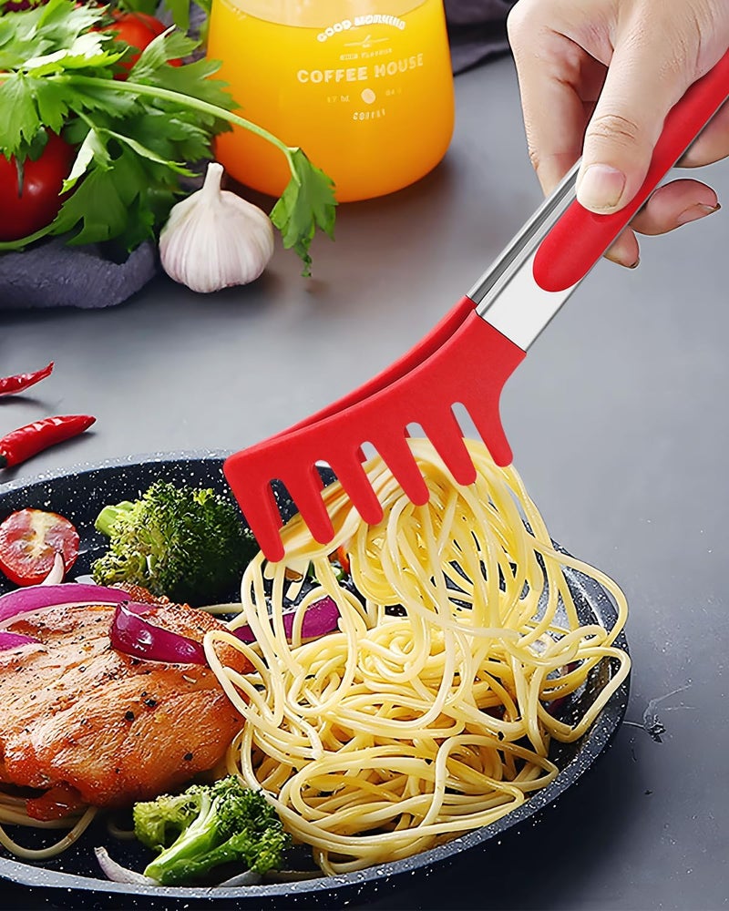 DaiRen Kitchen Spaghetti Spoon and Pasta Tong, Non-stick Silicone Spoon Server Fork with teeth and Stainless Steel Handle Spaghetti Tong, Food Clip for Spaghetti Noodle (RED) - Image 4