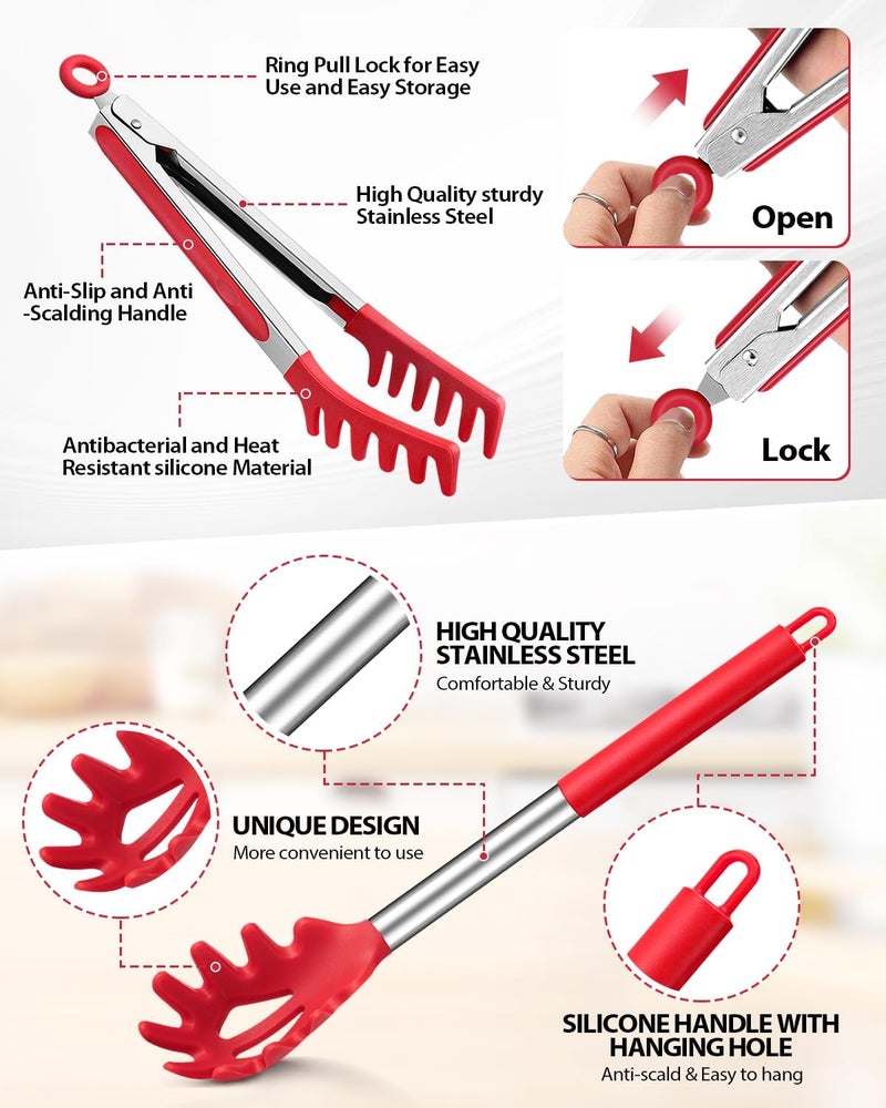 DaiRen Kitchen Spaghetti Spoon and Pasta Tong, Non-stick Silicone Spoon Server Fork with teeth and Stainless Steel Handle Spaghetti Tong, Food Clip for Spaghetti Noodle (RED) - Image 2