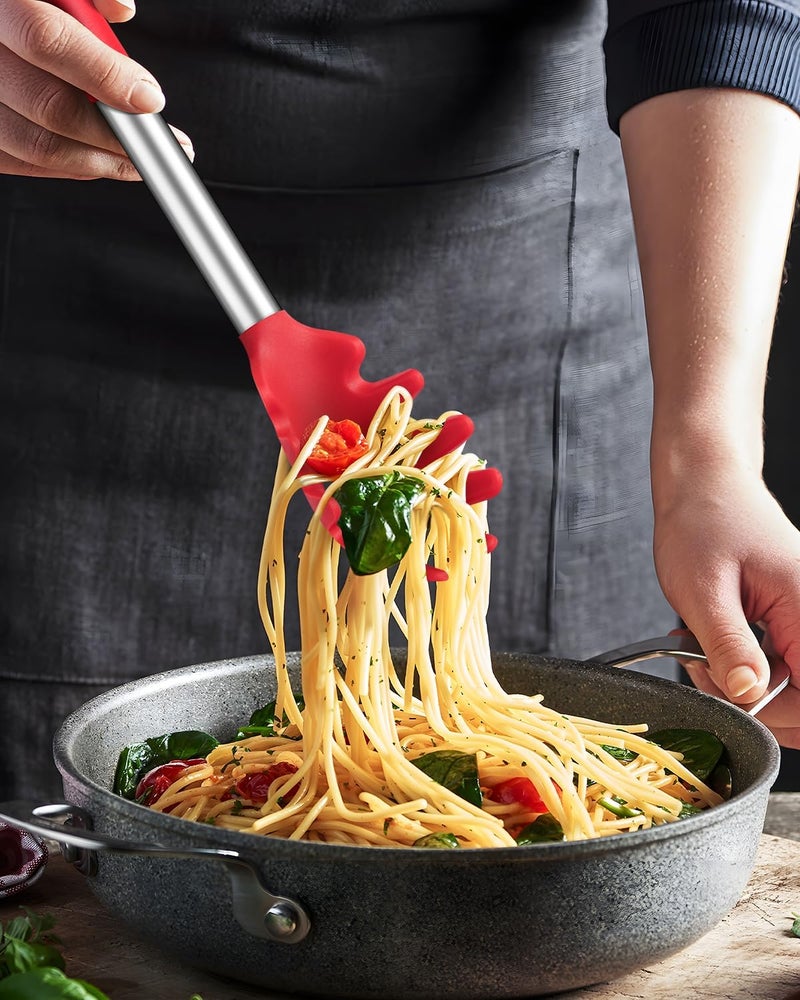 DaiRen Kitchen Spaghetti Spoon and Pasta Tong, Non-stick Silicone Spoon Server Fork with teeth and Stainless Steel Handle Spaghetti Tong, Food Clip for Spaghetti Noodle (RED) - Image 5