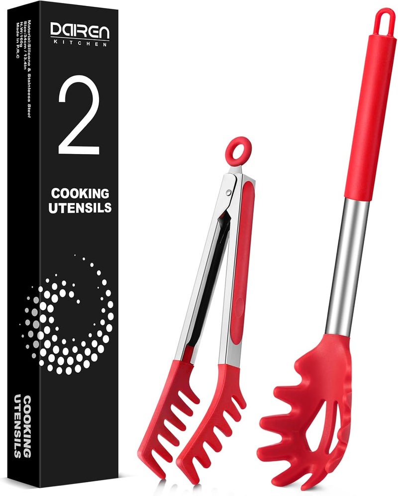 DaiRen Kitchen Spaghetti Spoon and Pasta Tong, Non-stick Silicone Spoon Server Fork with teeth and Stainless Steel Handle Spaghetti Tong, Food Clip for Spaghetti Noodle (RED) - Image 1