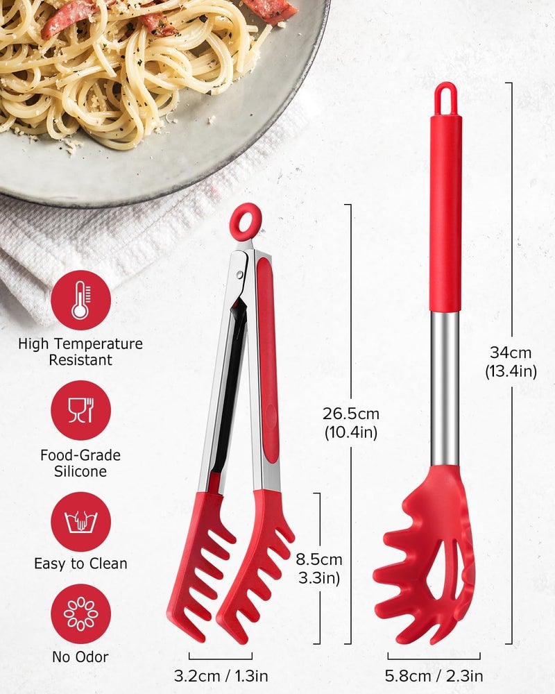 DaiRen Kitchen Spaghetti Spoon and Pasta Tong, Non-stick Silicone Spoon Server Fork with teeth and Stainless Steel Handle Spaghetti Tong, Food Clip for Spaghetti Noodle (RED) - Image 3