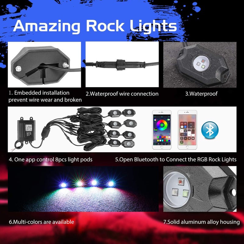 Auto Power Plus RGB LED Rock Light Kit - 8 Pods Waterproof Bluetooth Underglow Lights for Trucks, SUVs, ATVs, and Motorcycles - Image 3