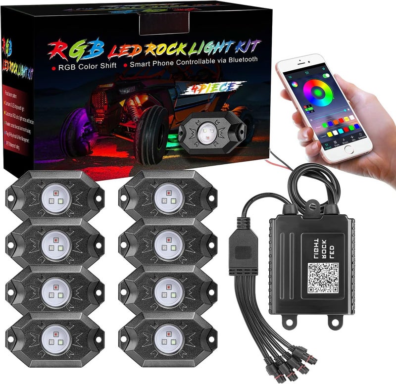 Auto Power Plus RGB LED Rock Light Kit - 8 Pods Waterproof Bluetooth Underglow Lights for Trucks, SUVs, ATVs, and Motorcycles - Image 1