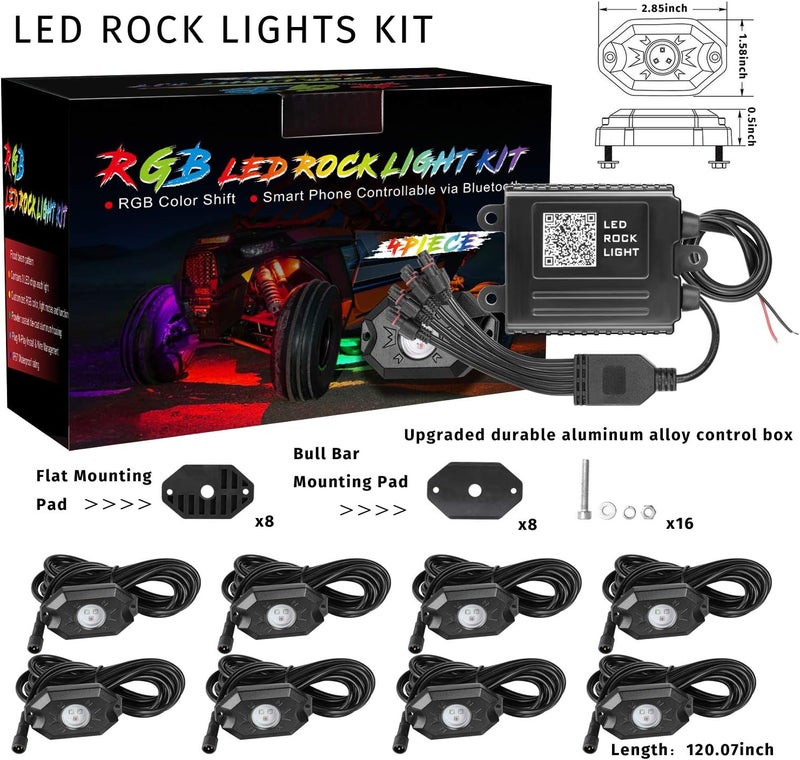 Auto Power Plus RGB LED Rock Light Kit - 8 Pods Waterproof Bluetooth Underglow Lights for Trucks, SUVs, ATVs, and Motorcycles - Image 2