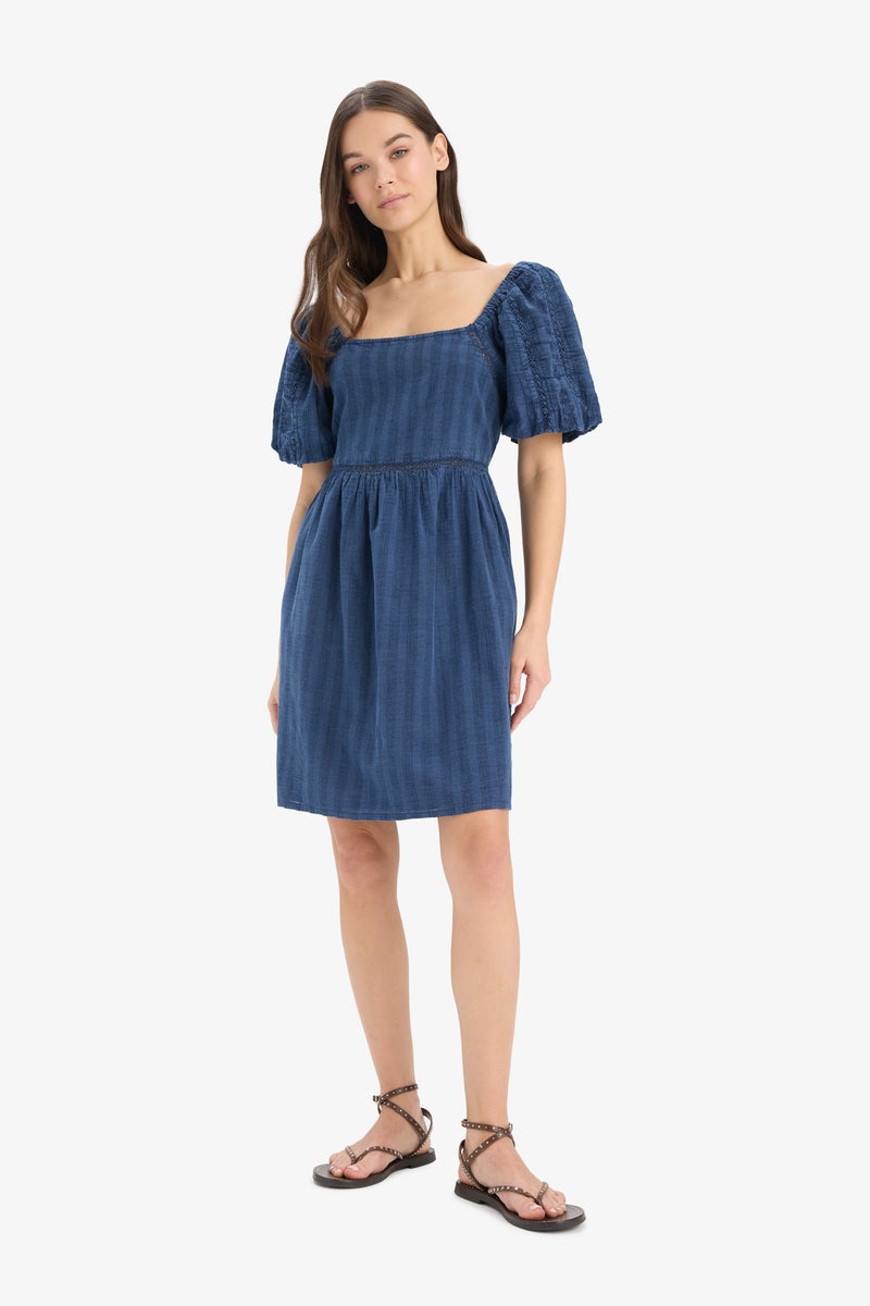 DeFacto Blue Woman A Line U Collar Cotton Mini Dress Casual - Image 2