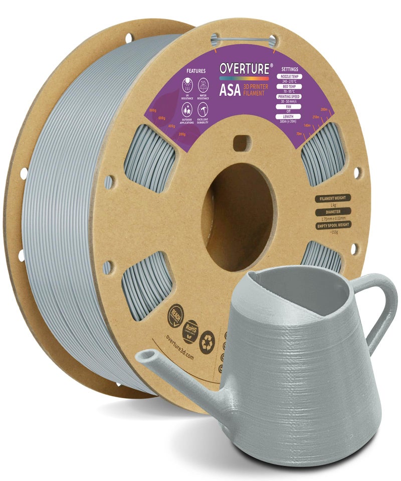 OVERTURE ASA Filament 1.75mm, 1kg Spool (2.2lbs) 3D Printer Filament, Premium Anti-UV, ASA Filament Perfect for Printing Outdoor Functional Parts, Dimensional Accuracy +/- 0.02 mm (Gray) - Image 1