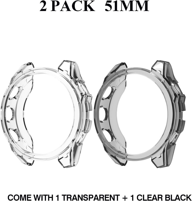 WUNIAK Compatible with Garmin Fenix 8 Multisport Smartwatch 51MM Series,Soft Flexible TPU Thin Lightweight Bumper Cover Protector for Smartwatch Series 51MM,(Transparent+Clear Black) - Image 2