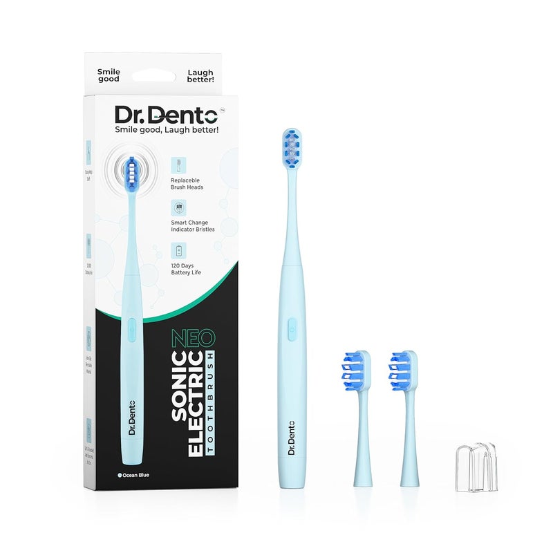 Dr.Dento Neo Sonic Electric Toothbrush | Soft DuPont Bristles | 2 Brush Heads & Cover | 120 Days Battery Life | AAA Powered | Eco-Friendly Design for Unisex Adults | Ocean Blue - Image 1