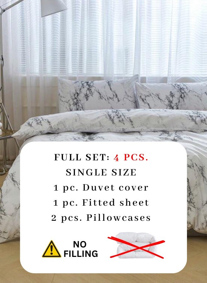 LUNA Home Single-Size 4-Piece Duvet Cover without filling Bedding Set featuring a White and Grey Marble Design. - Image 2