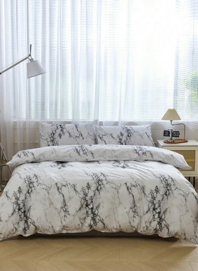 LUNA Home Single-Size 4-Piece Duvet Cover without filling Bedding Set featuring a White and Grey Marble Design. - Image 1