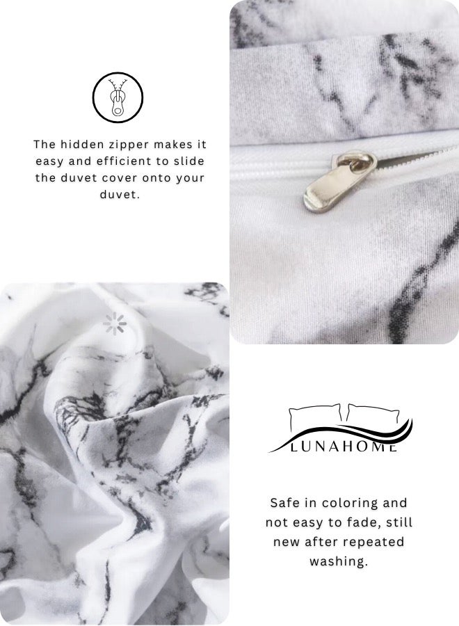 LUNA Home Single-Size 4-Piece Duvet Cover without filling Bedding Set featuring a White and Grey Marble Design. - Image 5