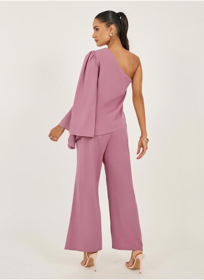 Styli Pink One Shoulder Top and Flared Trousers Co-Ords  - Image 4