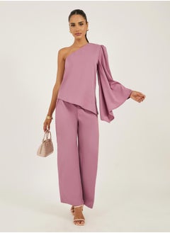 Styli Pink One Shoulder Top and Flared Trousers Co-Ords  - Image 1