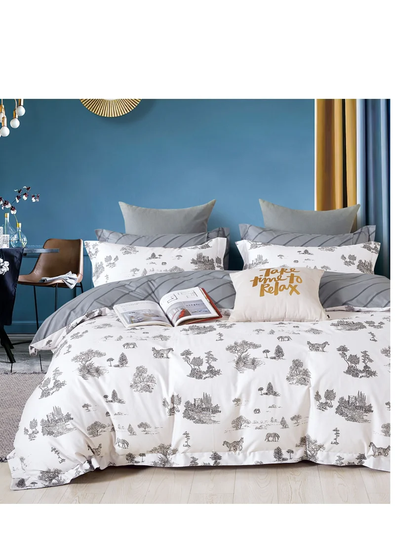 Donetella Cotton Comforter Set 6-Pcs Double Size All Season Reversible Printed Bedding Set With Super Soft Down Alternative Filling,White