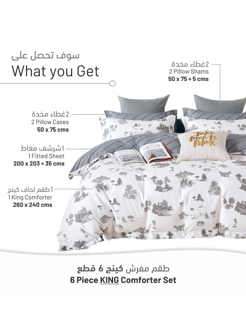 Donetella Cotton Comforter Set 6-Pcs Double Size All Season Reversible Printed Bedding Set With Super Soft Down Alternative Filling,White