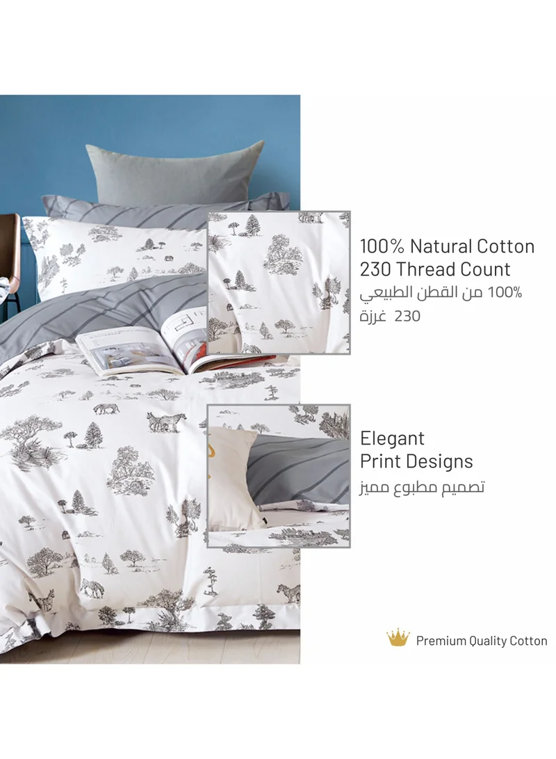 Donetella Cotton Comforter Set 6-Pcs Double Size All Season Reversible Printed Bedding Set With Super Soft Down Alternative Filling,White