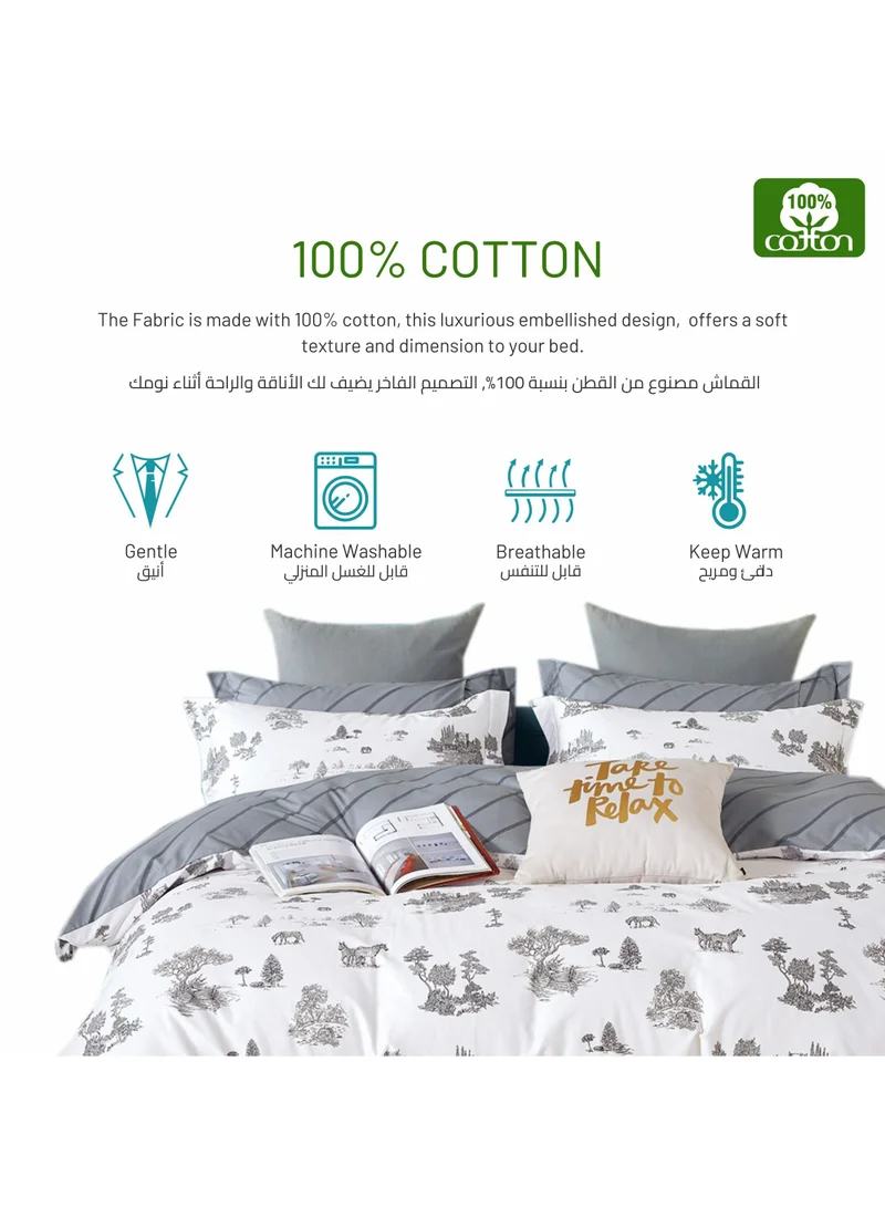 Donetella Cotton Comforter Set 6-Pcs Double Size All Season Reversible Printed Bedding Set With Super Soft Down Alternative Filling,White