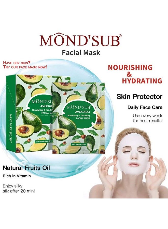 MOND'SUB [12 P] Avocado Oil Facial Masksbest Sheet Mask For Dry Skindeeply Nourishing&Moisturizing Make Skin Soft&Clearevery Skin Condition Day To Day Skin Concernsboth Men&Women - Image 5