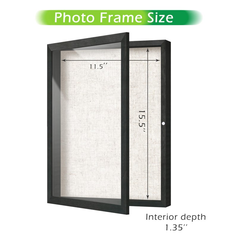 FrameWorks 12x16 Deep Shadow Box Frame, Wooden Display Case w. Linen Board & Tempered Glass Door - Black Woodgrain - Medium - Wall Mounted - Image 2